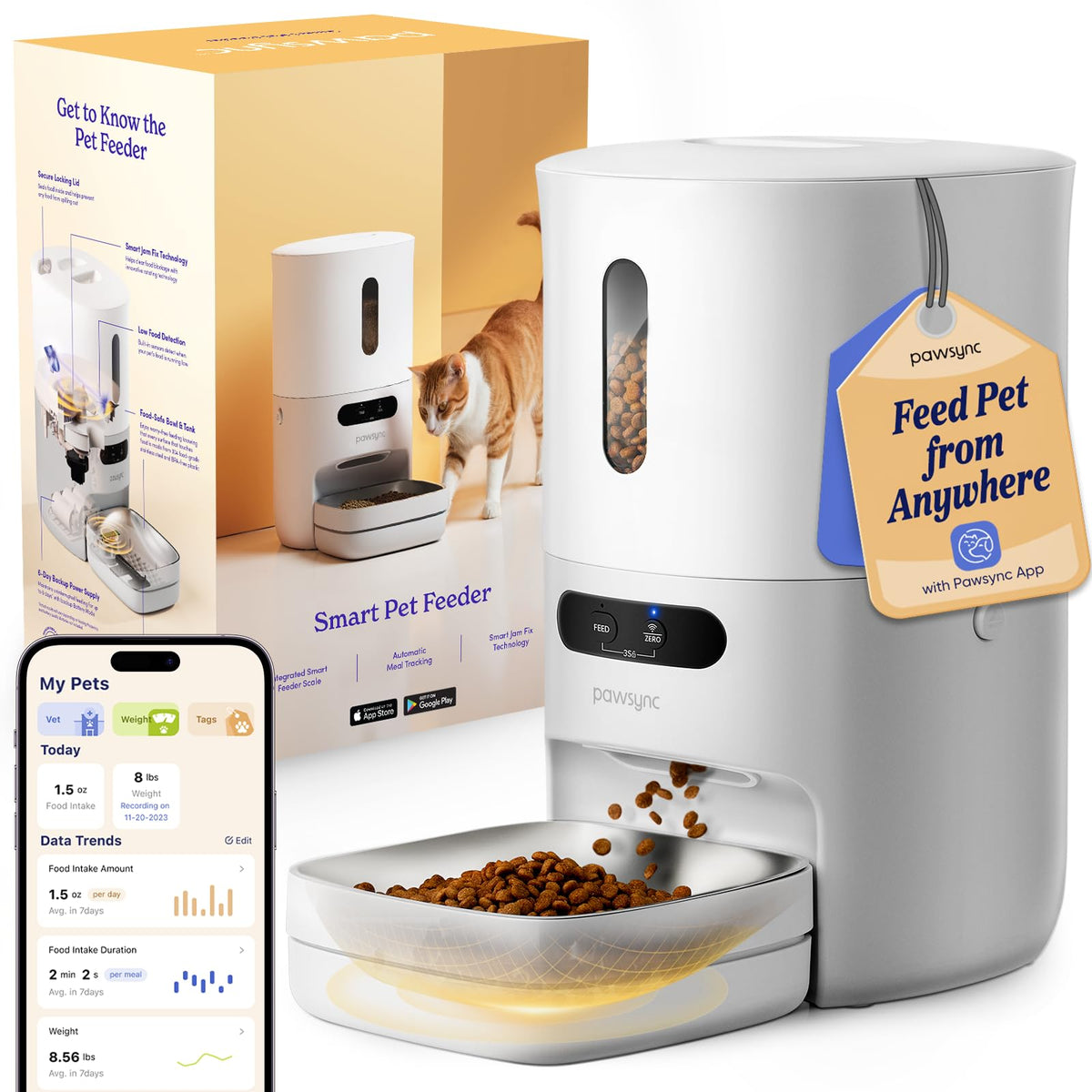 Pawsync Automatic Cat Feeder, WiFi & Smart Scale, Remote Feeding