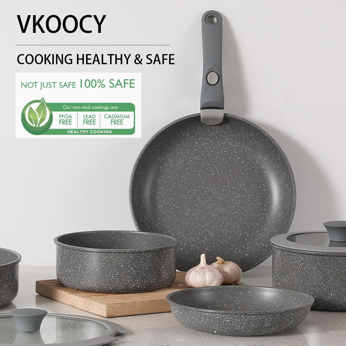 Vkoocy Gray Non Stick Pot and Pan Set with Removable Handle, Ceramic Cookware Set Detachable Handle, 5pcs Induction Kitchen Camping Stackable Pots Pans, Dishwasher/Oven Safe, PTFE/PFAS/PFOA Free