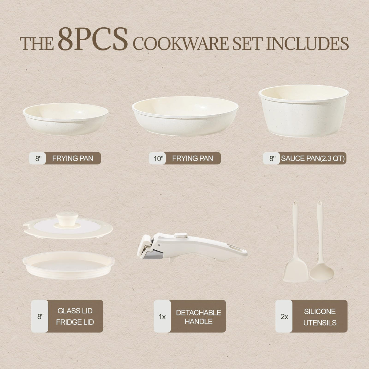 Ceramic Cookware Set Non Stick 8Pcs Pots and Pans Set Detachable Handle Induction Kitchen Cooking Set with Frying Pans Oven Dishwasher Safe, PFAS/PFOA Free, Cream White