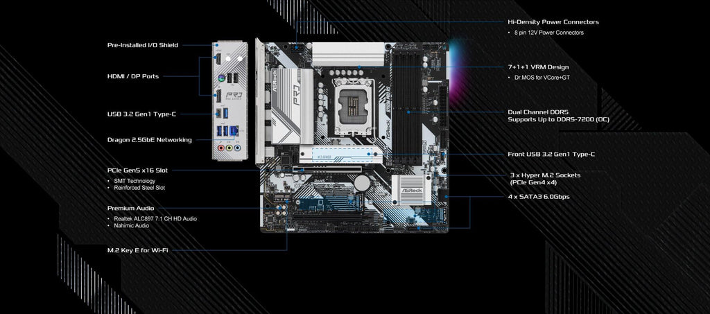 ASRock B760M Pro RS Motherboard DDR5 7200MHz HDMI DisplayPort eDP PCIe Gen5 (Graphics) 14th 13th 12th Gen Intel Core Processors LGA1700 192GB