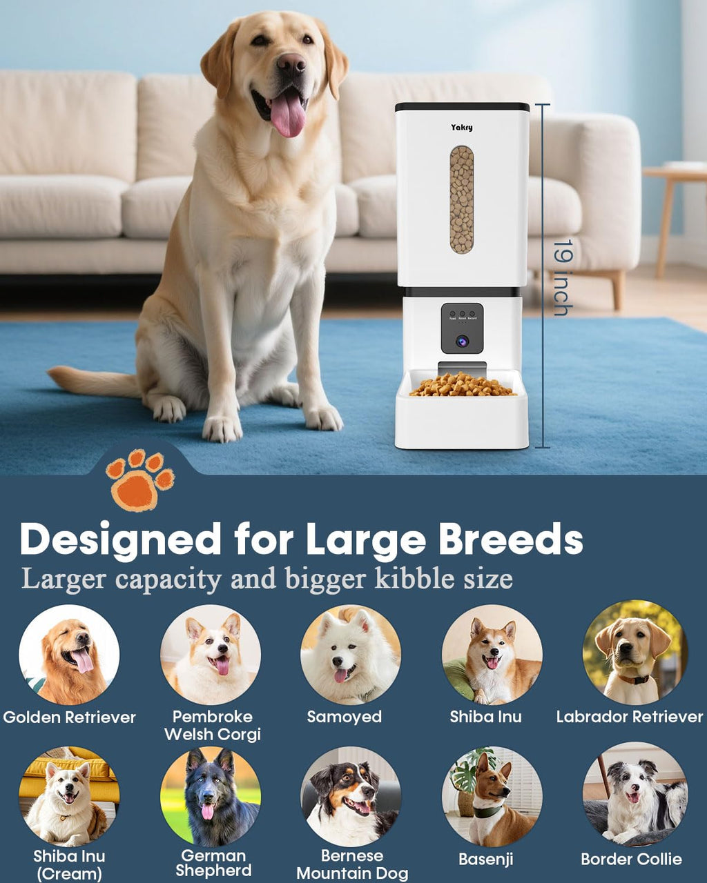 Automatic Dog Feeder Large Breed: 12L/50 Cup Capacity for Kibble up to 20mm
