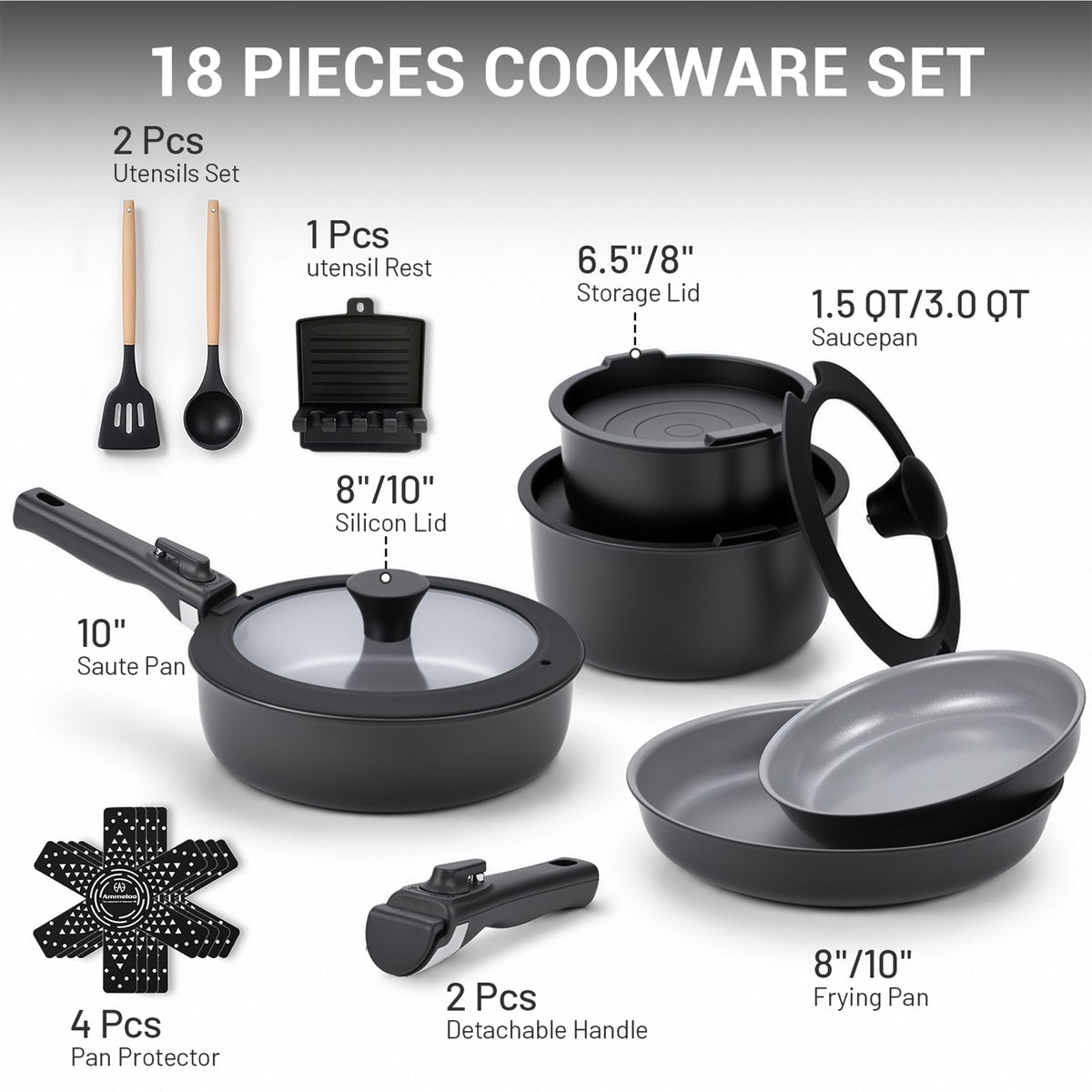 Ammeloo 18-Piece Ceramic Pots and Pans Set Non Stick, Non Toxic Cookware Set with Removable Handles, Pot Sets for Cooking, Induction Ready, Dishwasher & Oven Safe, PFAS PFOA & PTFE Free (Black)