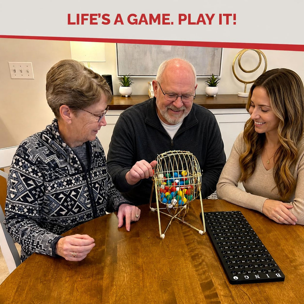 MR CHIPS 11" (Inch) Tall Professional Bingo Set with Steel Cage, Everlasting 7/8” Balls, Master Board for Balls - Luxury Gold Color