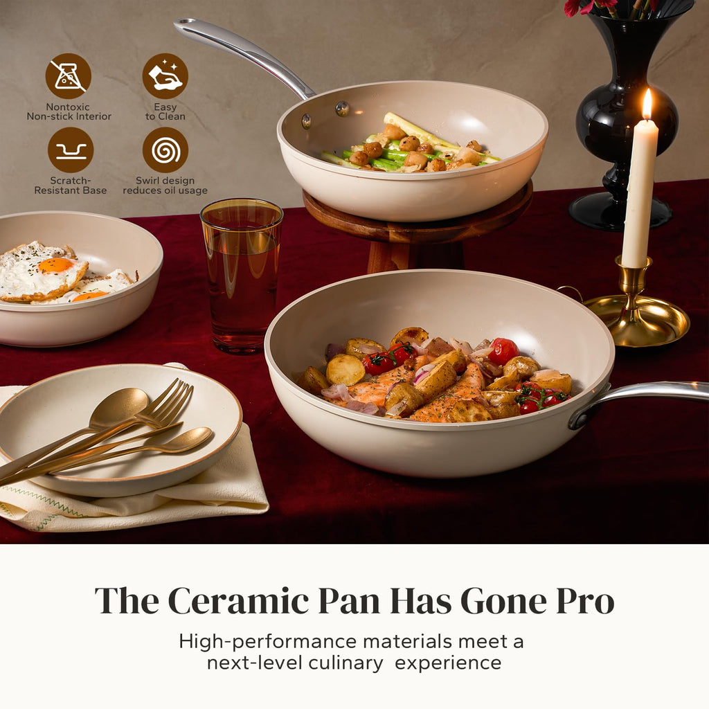 Redchef Ceramic Frying Pans, 4-Piece Non Stick Frying Pans, Non Toxic Skillet with Lid, Ceramic Cookware Set, 8" 9.5" 11" Egg Saute Pan, PFAS & PTFE & PFOA Free, Dishwasher & Oven Safe, Beige White