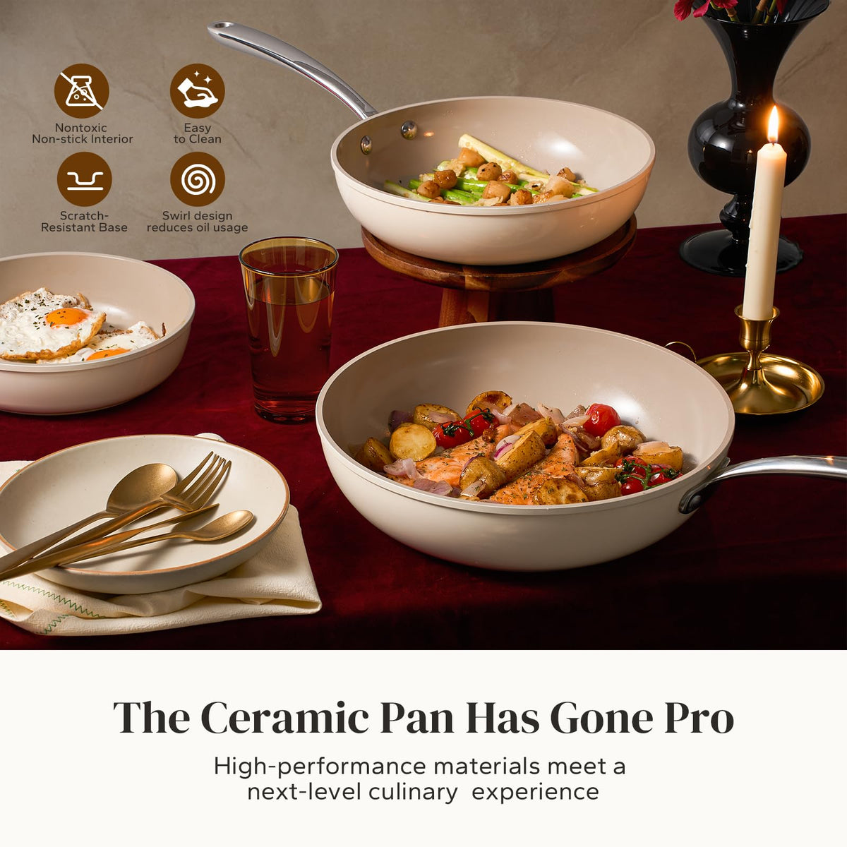 Redchef Ceramic Frying Pans, 4-Piece Non Stick Frying Pans, Non Toxic Skillet with Lid, Ceramic Cookware Set, 8" 9.5" 11" Egg Saute Pan, PFAS & PTFE & PFOA Free, Dishwasher & Oven Safe, Beige White