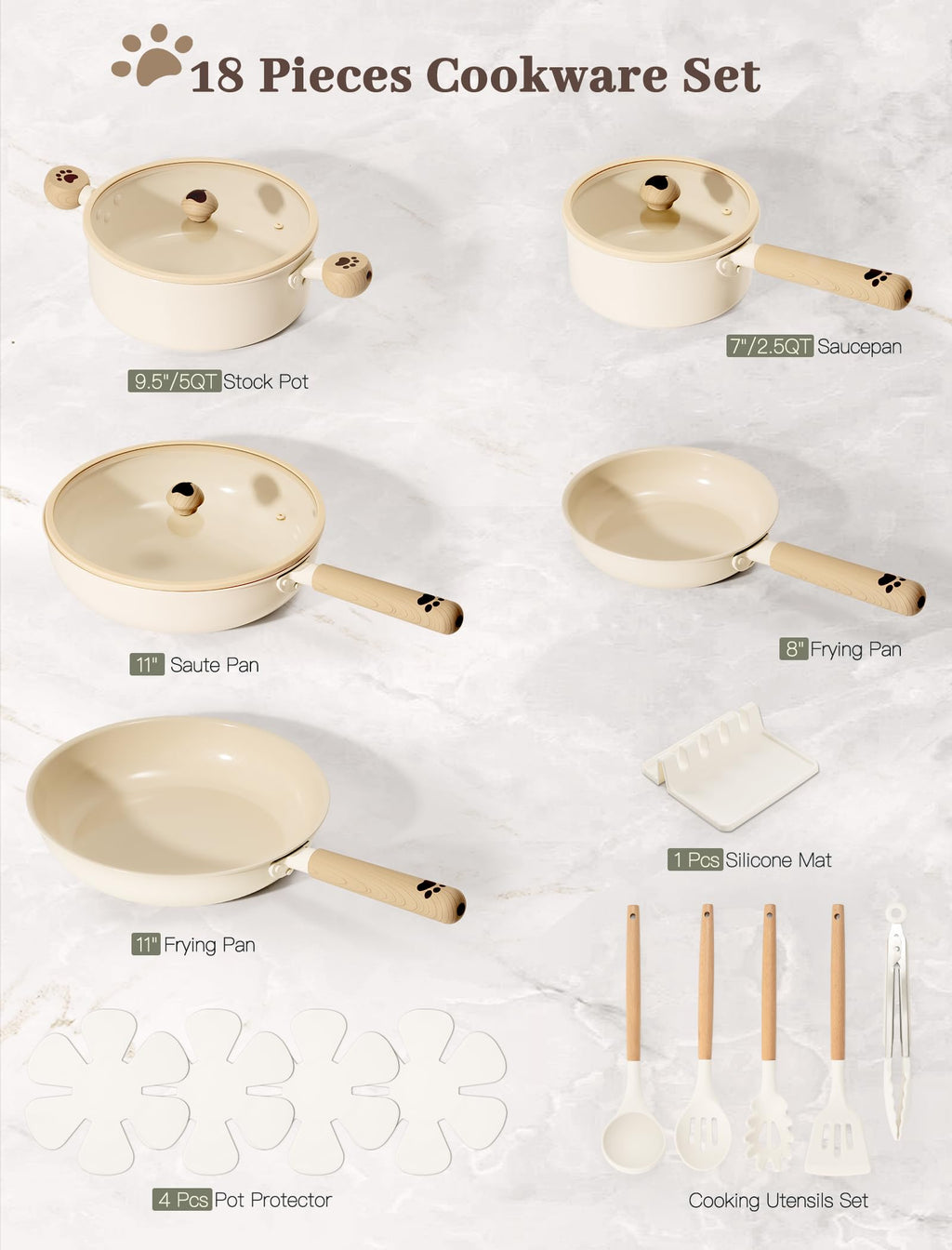 Astercook Pots and Pans Set Non Stick,Non Toxic 18 Pcs Ceramic Cookware