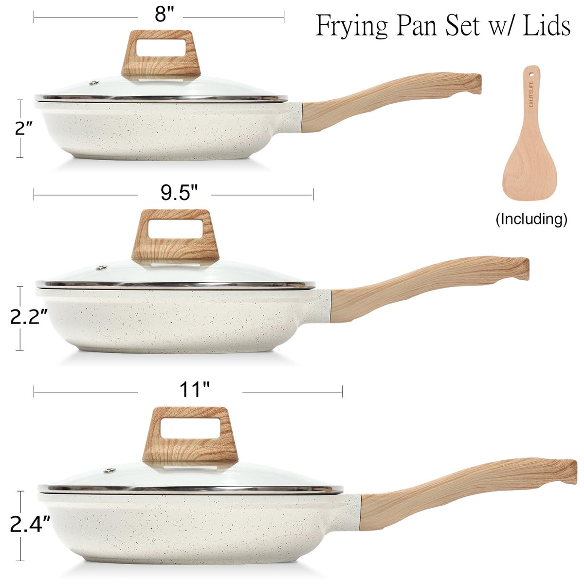 ESLITE LIFE Nonstick Ceramic Frying Pans Skillets Set with Lids, Non-Toxic Egg Omelette Kitchen Cooking Pans Compatible with All Stovetops (Gas, Electric & Induction), PTFE & PFOA Free (White)