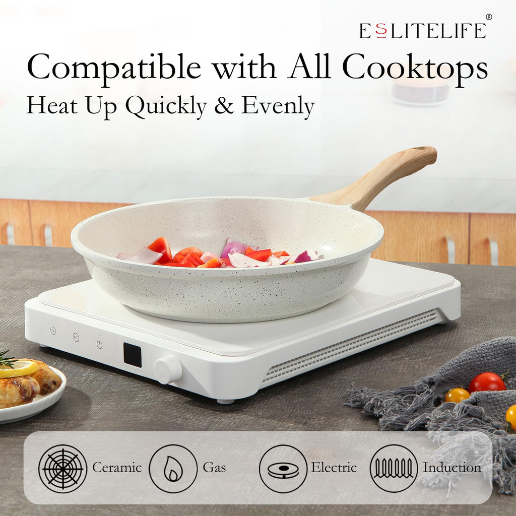 ESLITE LIFE Nonstick Ceramic Frying Pans Skillets Set with Lids, Non-Toxic Egg Omelette Kitchen Cooking Pans Compatible with All Stovetops (Gas, Electric & Induction), PTFE & PFOA Free (White)