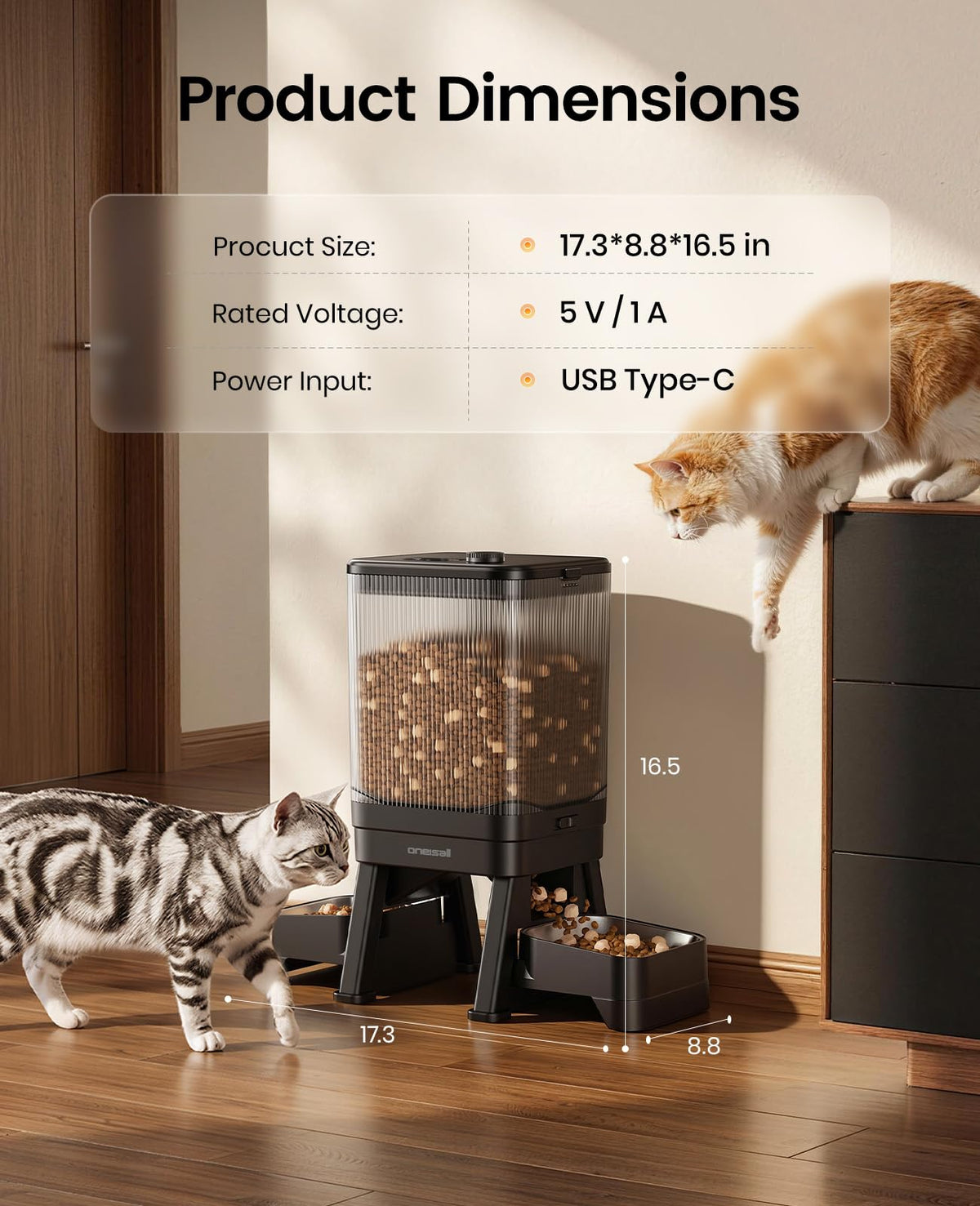 oneisall 5G WiFi Automatic Cat Feeder for 2 Cats, App Control, 32 Cups/7L