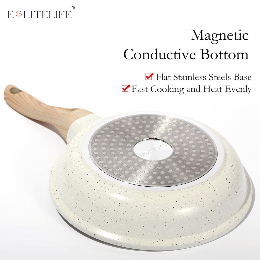 ESLITE LIFE Nonstick Ceramic Frying Pans Skillets Set with Lids, Non-Toxic Egg Omelette Kitchen Cooking Pans Compatible with All Stovetops (Gas, Electric & Induction), PTFE & PFOA Free (White)