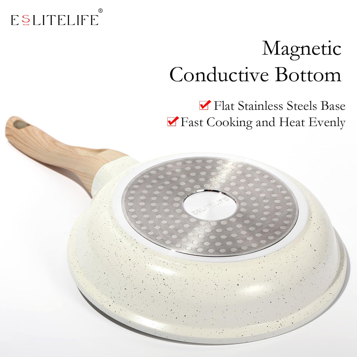 ESLITE LIFE Nonstick Ceramic Frying Pans Skillets Set with Lids, Non-Toxic Egg Omelette Kitchen Cooking Pans Compatible with All Stovetops (Gas, Electric & Induction), PTFE & PFOA Free (White)