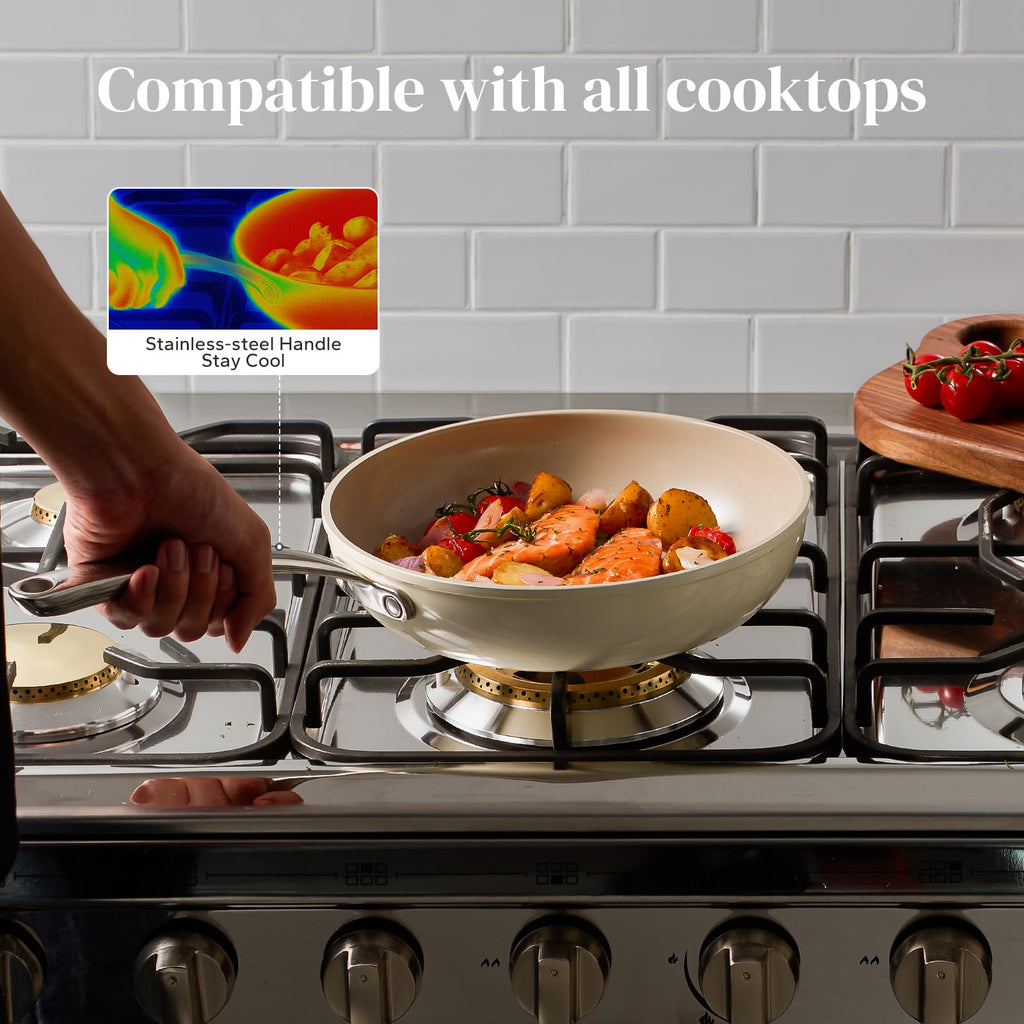 Redchef Ceramic Frying Pans, 4-Piece Non Stick Frying Pans, Non Toxic Skillet with Lid, Ceramic Cookware Set, 8" 9.5" 11" Egg Saute Pan, PFAS & PTFE & PFOA Free, Dishwasher & Oven Safe, Beige White