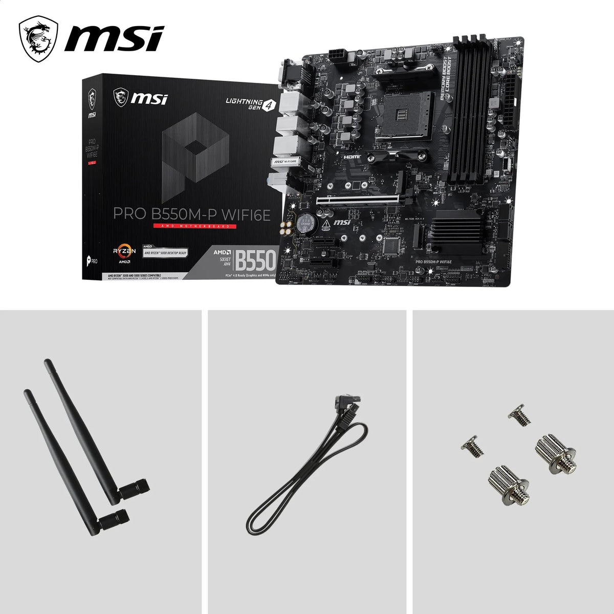 MSI PRO B550M-P WIFI6E ProSeries Motherboard (AMD Ryzen 5000 Series, AM4, DDR4, PCIe 4.0, SATA 6Gb/s, M.2, USB 3.2 Gen 2, HDMI/DP, Wi-Fi 6E, Bluetooth 5.2, mATX)