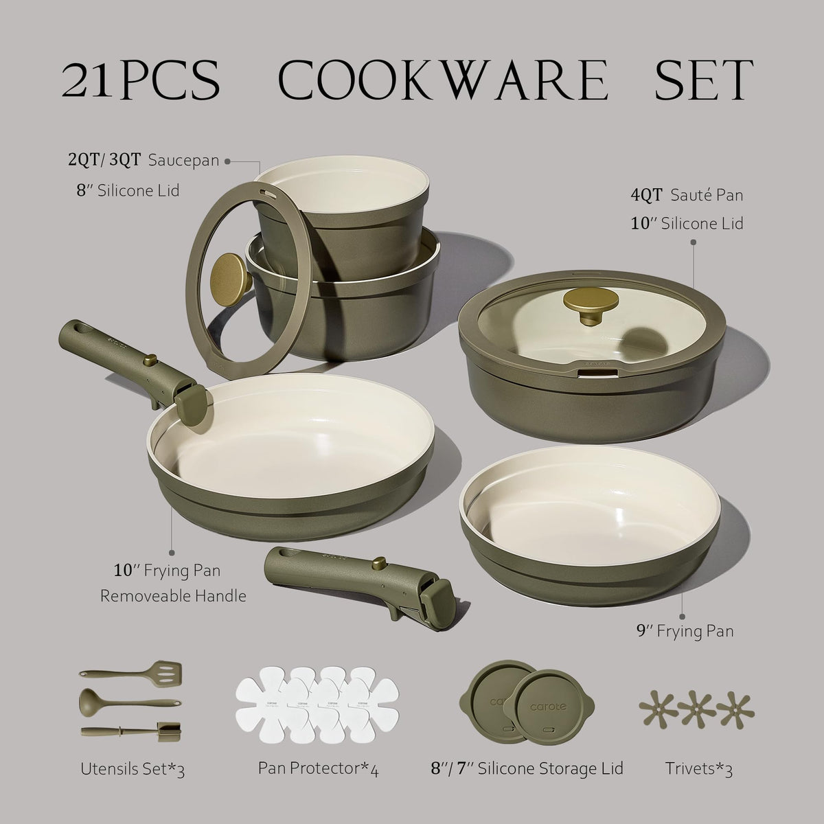 CAROTE 21pcs Ceramic Cookware Sets, Nonstick Pots and Pans Set Non Toxic