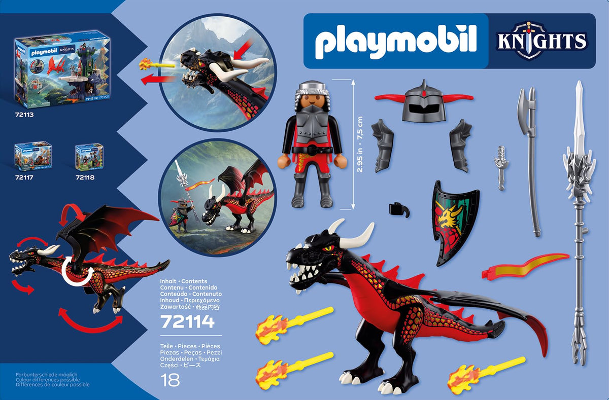 Playmobil | Knights | Black Dragon | Large Fire‑Breathing Dragon with Firing Function and Knight | Dragon Toy for Children Aged 4+ | 72114