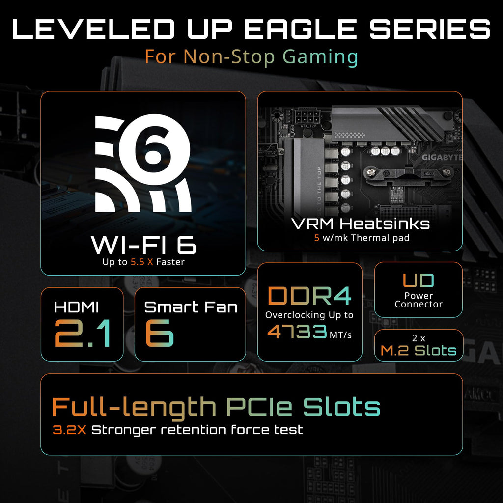 GIGABYTE B550 Eagle WIFI6 AMD AM4 ATX Motherboard, Supports Ryzen 5000/4000/3000 Processors, DDR4, 10+3 Power Phase, 2X M.2, PCIe 4.0, USB-C, WIFI6, GbE LAN, PCIe EZ-Latch, EZ-Latch, RGB Fusion