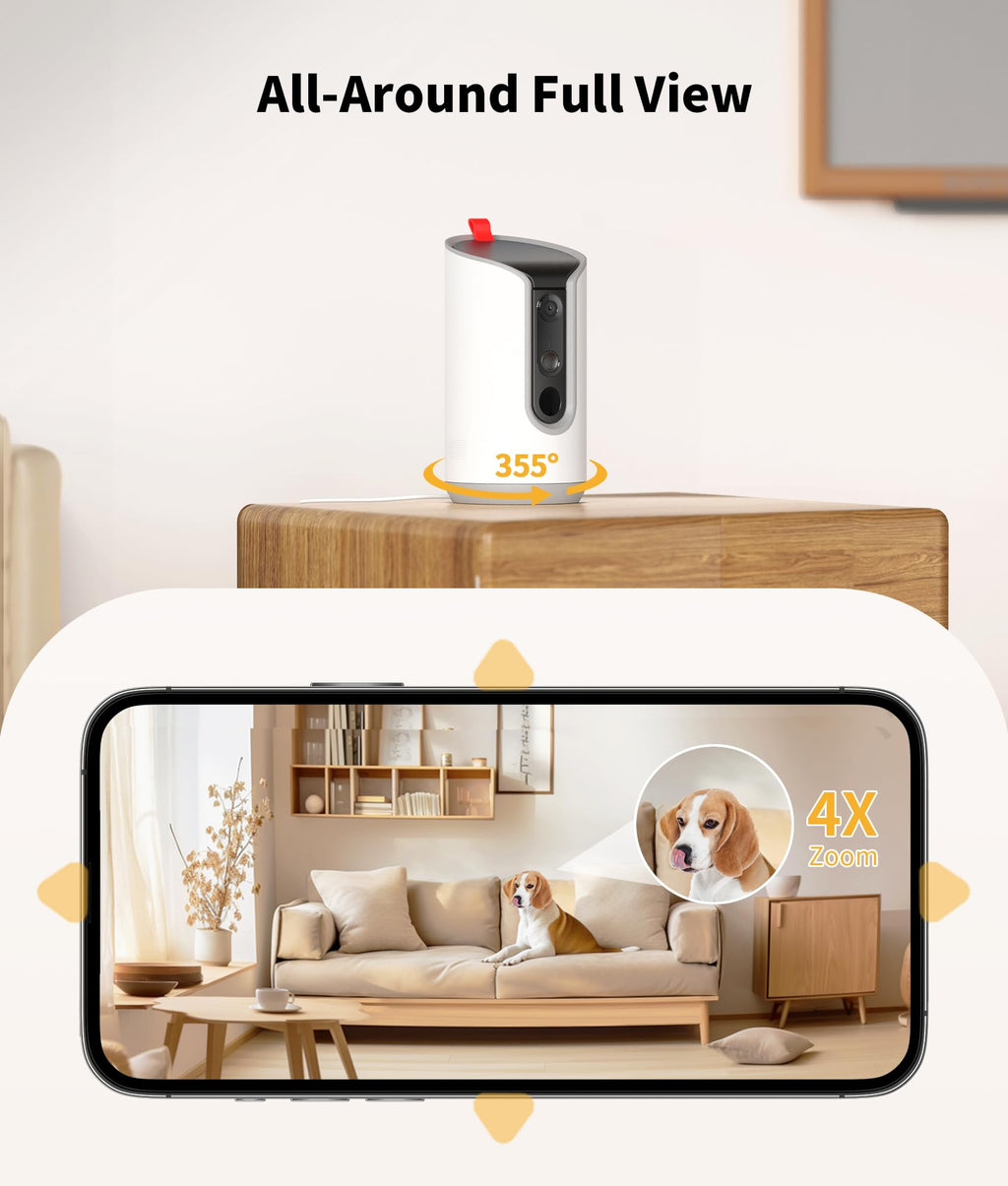 TKENPRO 2K Pet Camera Treat Dispenser, 360°View Dog Camera with Phone App, 5G&2.4G WiFi 2-Way Talk Pet Cam Indoor for Cats Remote Treat Tossing, Motion Alerts, Auto Tracking