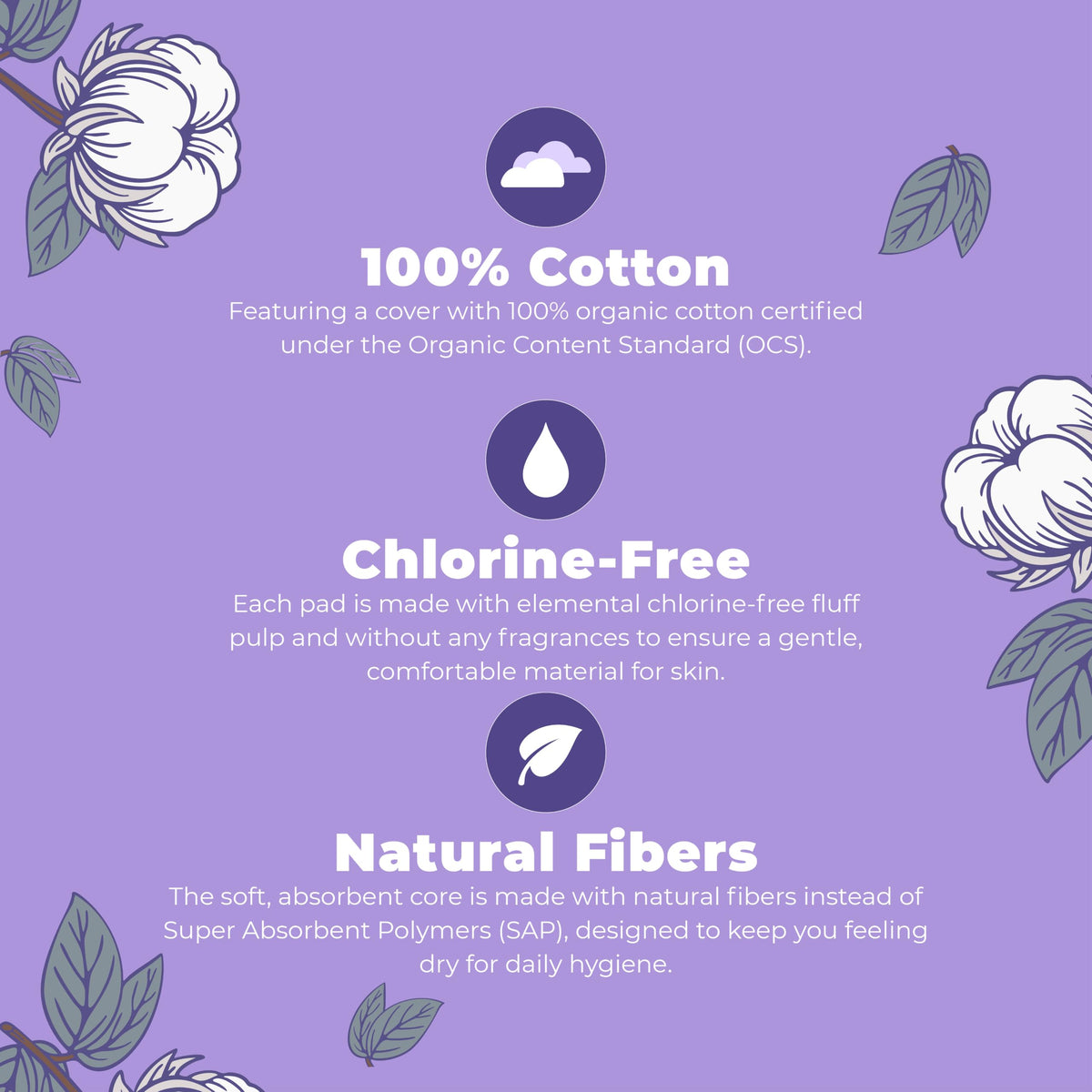 MaryRuth's Organic Cotton Cover Pads with Wings, Large, Unscented, Elemental Chlorine Free, OCS Certified Cotton, SAP-Free Core, 20 Count