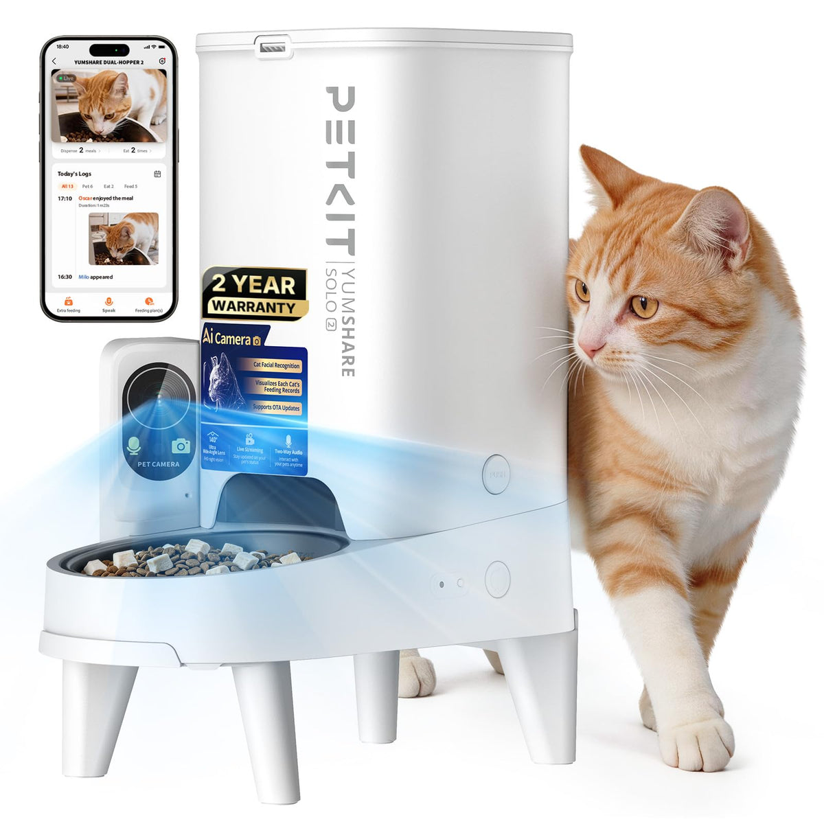 PETKIT Automatic Cat Feeder with Camera, Upgraded Multi-Cat Recognition, 2.4G&5G WiFi Pet Feeder with Freshness Preservation,3L Timed Food Dispenser with Low Food Sensor,Night Vision Motion Capturing