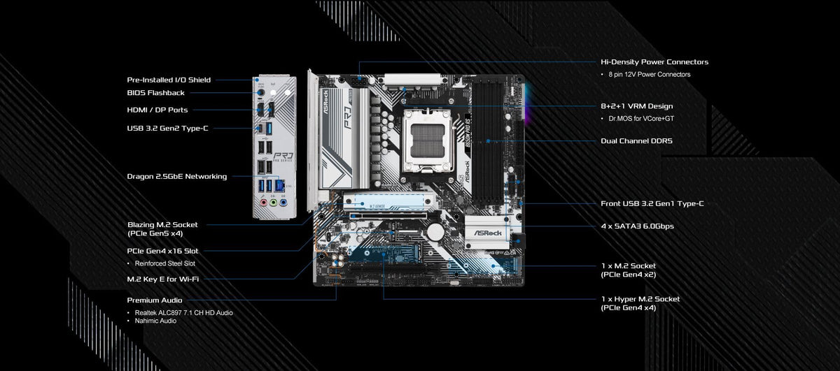 Asrock B650M Pro RS AMD Socket AM5 Ryzen 7000/8000/9000 Series DDR5 7200+ (OC) MHz 256GB M.2 Key E for WiFi SATA3 6.0 Gb/s Micro ATX Motherboard 2.5G LAN BIOS Flashback