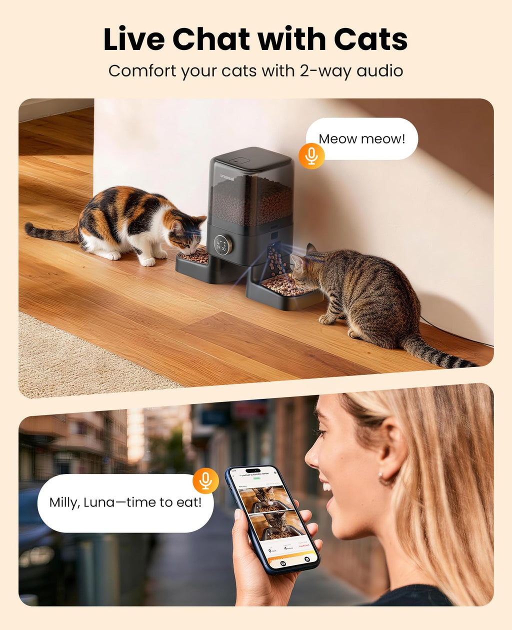 oneisall Automatic Cat Feeder with Camera for 2 Cats Pets, 20 Cups/5L