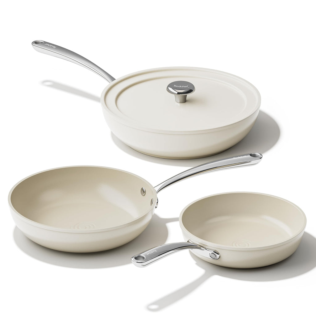 Redchef Ceramic Frying Pans, 4-Piece Non Stick Frying Pans, Non Toxic Skillet with Lid, Ceramic Cookware Set, 8" 9.5" 11" Egg Saute Pan, PFAS & PTFE & PFOA Free, Dishwasher & Oven Safe, Beige White