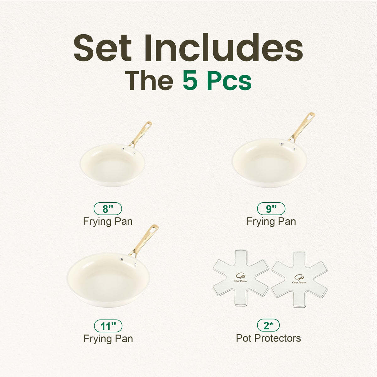 Chef Power Ceramic Frying Pan with Stainless Steel handle 5Pcs Set, Non Stick Grill Pan Set, Dishwasher and Oven Safe, Cream White and Light Gold Handle