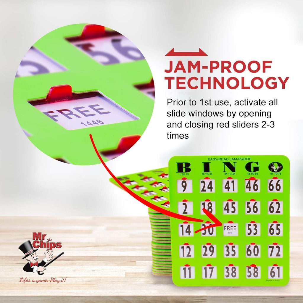 MR CHIPS Jam-Proof Easy-Read Large Print Fingertip Bingo Cards with Sliding Windows - Green 10 Pack - for Seniors, Nursing Homes & Large Groups