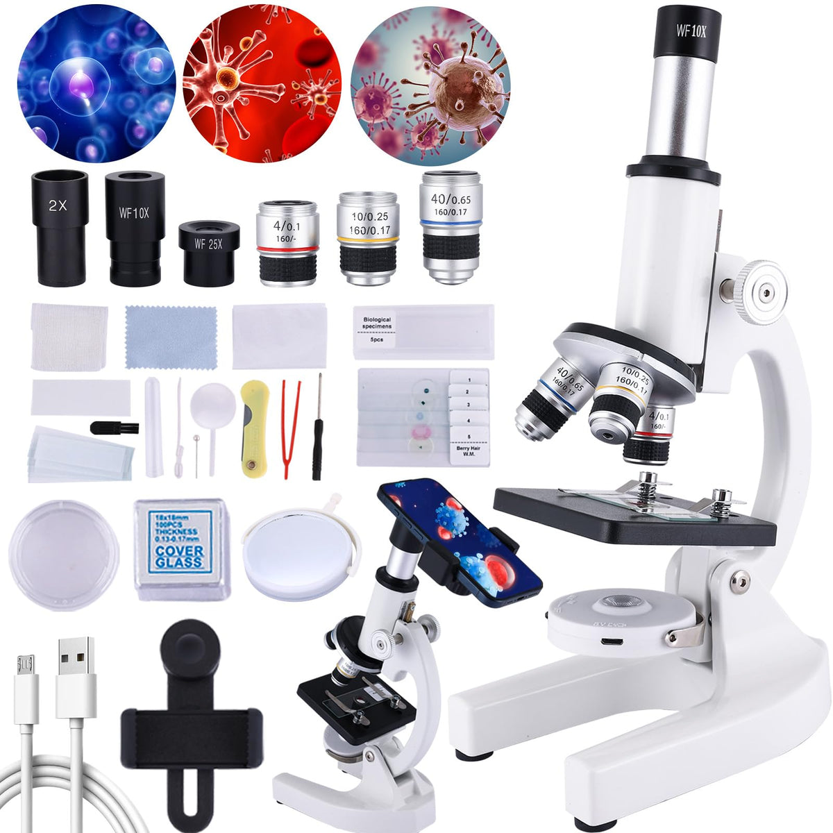 Microscope for Kids & Adults,40X-2000X Microscope with Phone Adapter & Slides Set,Suitable for Students School Lab and Home Education