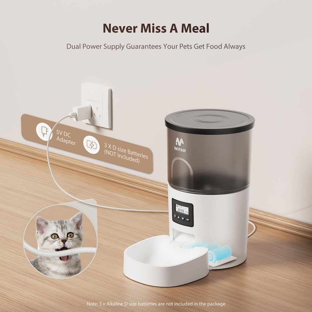 IMIPAW Automatic Cat Feeder and Water Fountain, Timed Dry Food Dispenser, Programmable Portion Control, 1-6 Meals Per Day, Desiccant Bag, Cat Fountains for Drinking with Filter, Small Pets (3L Combo)