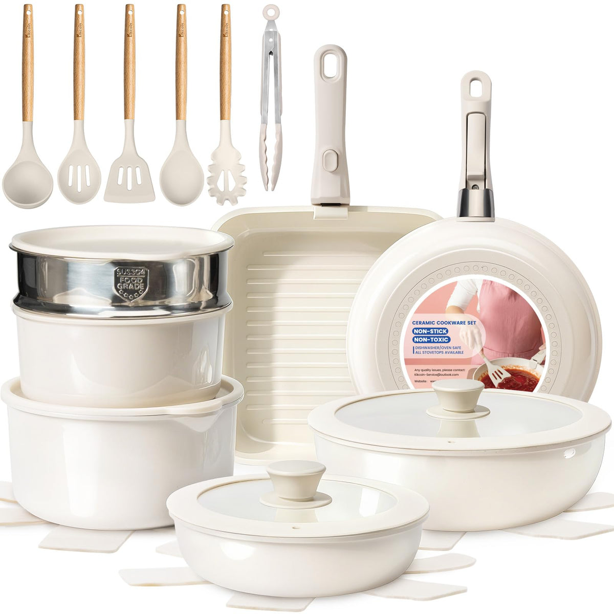 KIKCOIN Nonstick Pots and Pans Set - Ceramic Cookware Set with Detachable Handle - 25 Pack Healthy Pans Set for Cooking - Stackable for RV Kitchen, Induction Ready - Dishwasher and Oven Safe