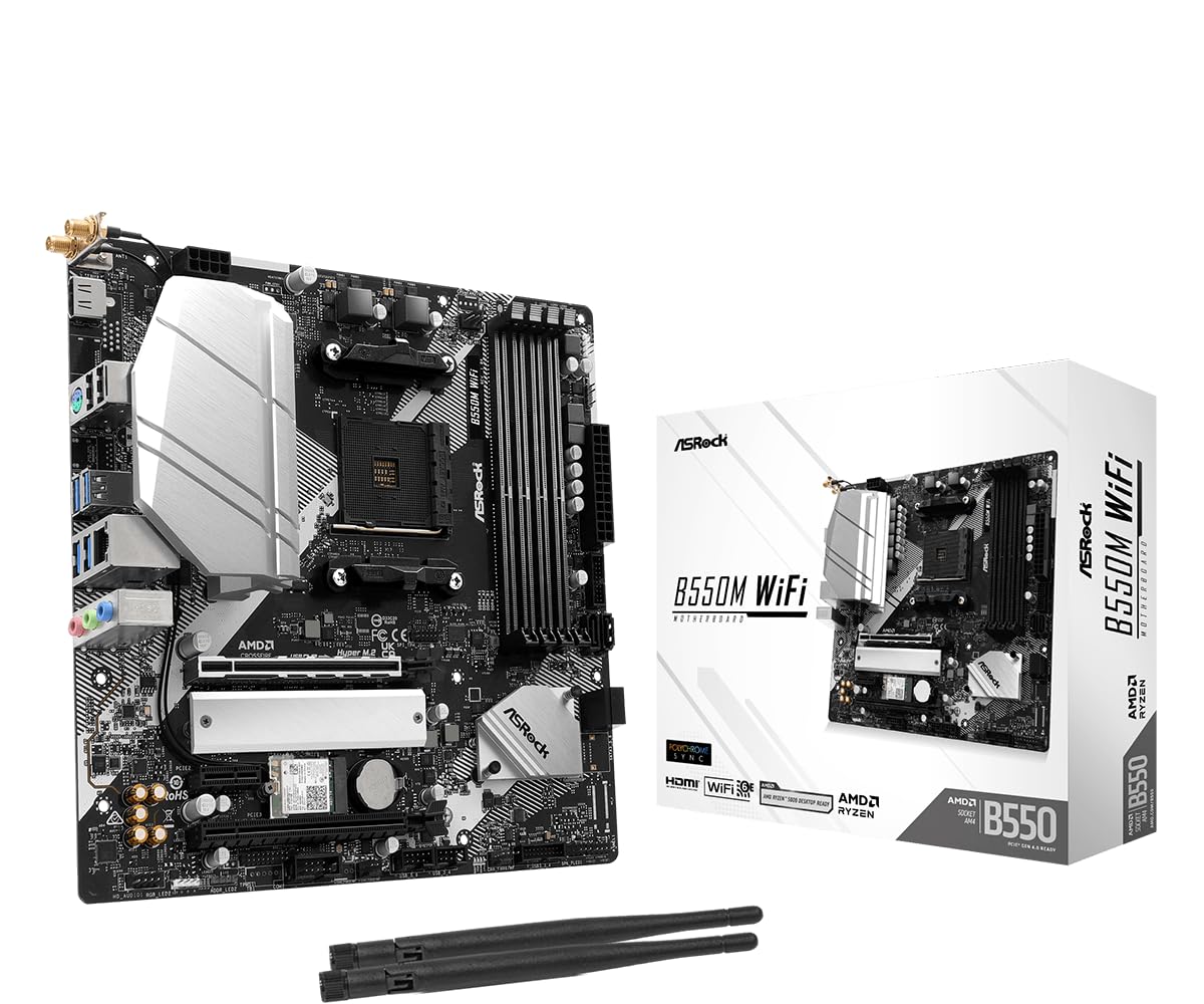 ASRock B550M WiFi Micro-ATX Motherboard, AMD Ryzen 3000-5000 Series Socket AM4, DDR4 4733+, PCIe 4.0