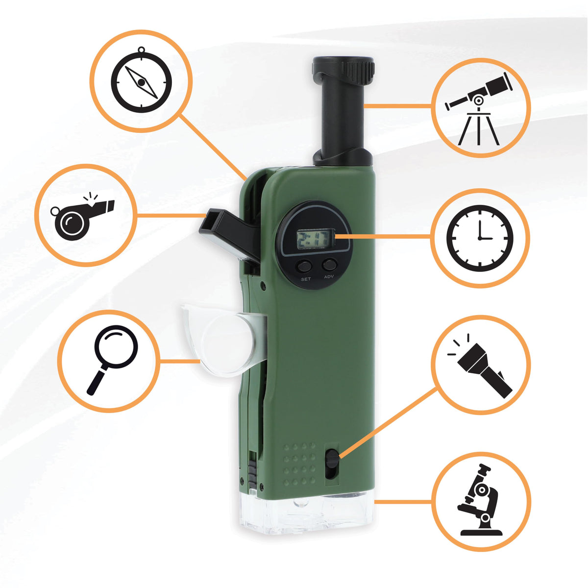 Carson X-Scope Kids 7 Function Multi Purpose Optical Pocket Tool with 30x Microscope, 8x Telescope, 9x Fold-Out Magnifier, Flashlight, Signal Whistle, Directional Compass and Digital Clock (CP-11)