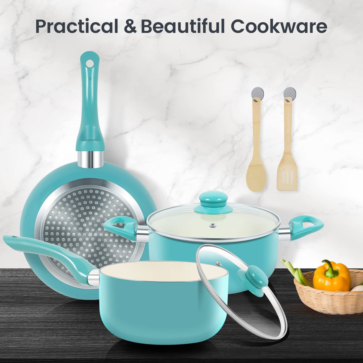 M MELENTA Pots and Pans Set 7 piece, Non Stick Teal Ceramic Cookware Set