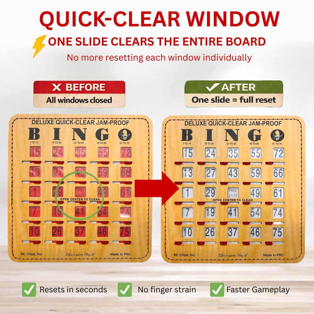 MR CHIPS Jam-Proof Quick-Clear Deluxe Fingertip Slide Bingo Cards with Sliding Windows 25 Pack in Woodgrain Style