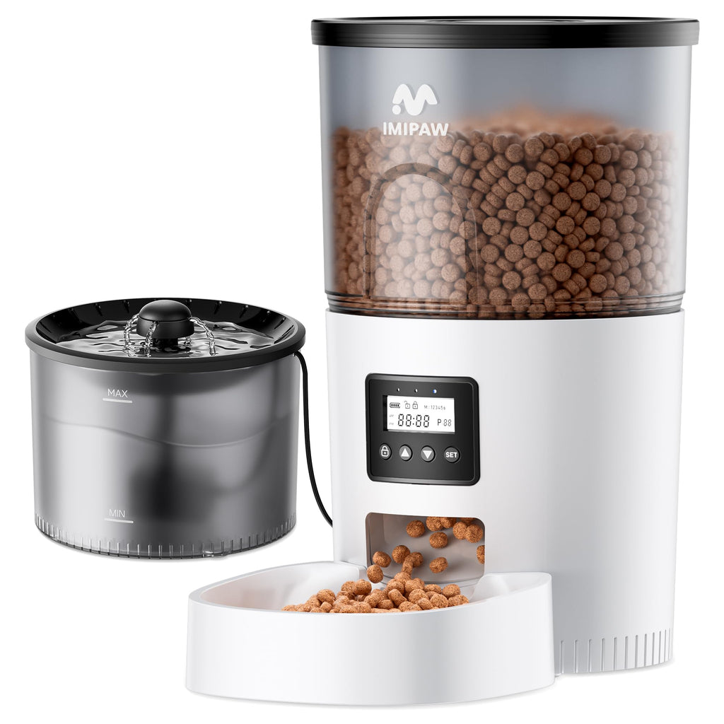IMIPAW Automatic Cat Feeder and Water Fountain, Timed Dry Food Dispenser, Programmable Portion Control, 1-6 Meals Per Day, Desiccant Bag, Cat Fountains for Drinking with Filter, Small Pets (3L Combo)