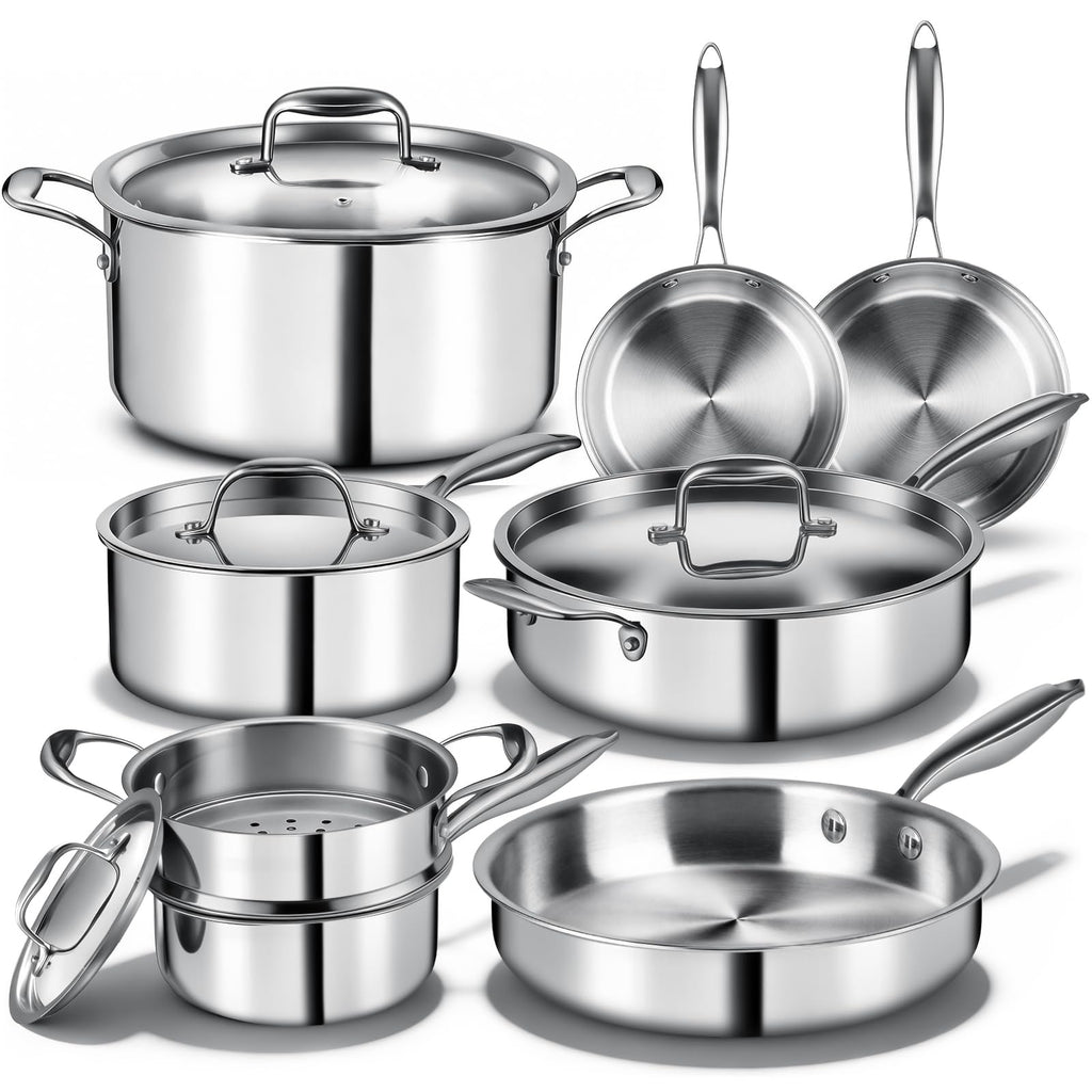 Triple Ply Stainless Steel Pots and Pans Set, EWFEN 12 Piece Induction Cookware Set, Oven Dishwasher Safe | Frying Pans, Saucepans, Saute Pan & Stock Pot, PFOA Free Kitchen Skillet