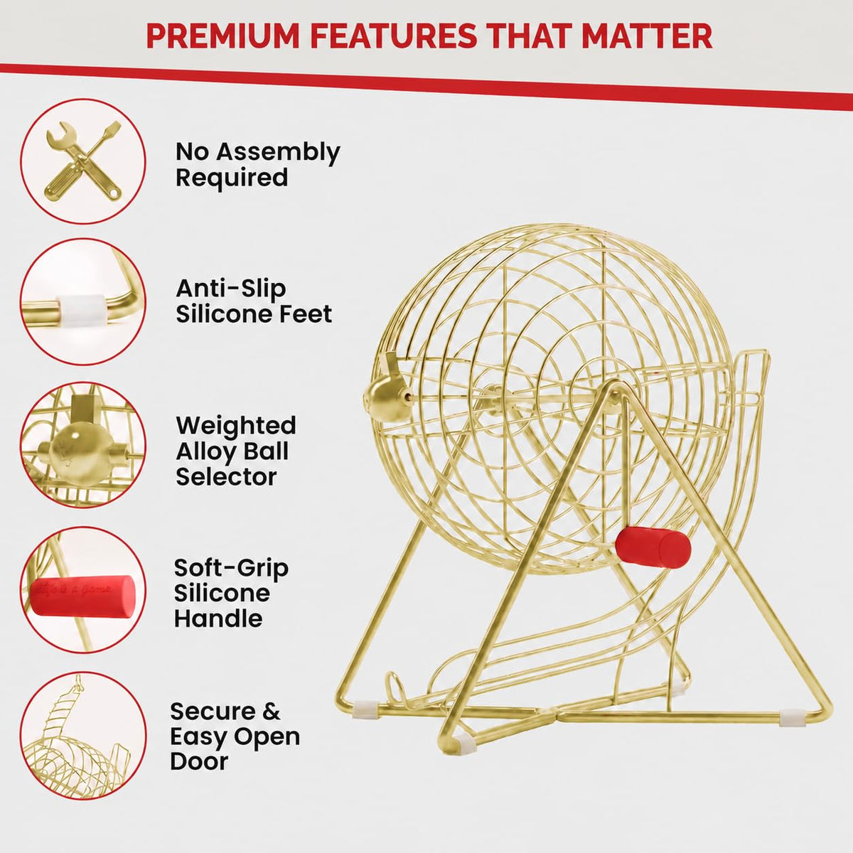 MR CHIPS 11" (Inch) Tall Professional Bingo Set with Steel Cage, Everlasting 7/8” Balls, Master Board for Balls - Luxury Gold Color