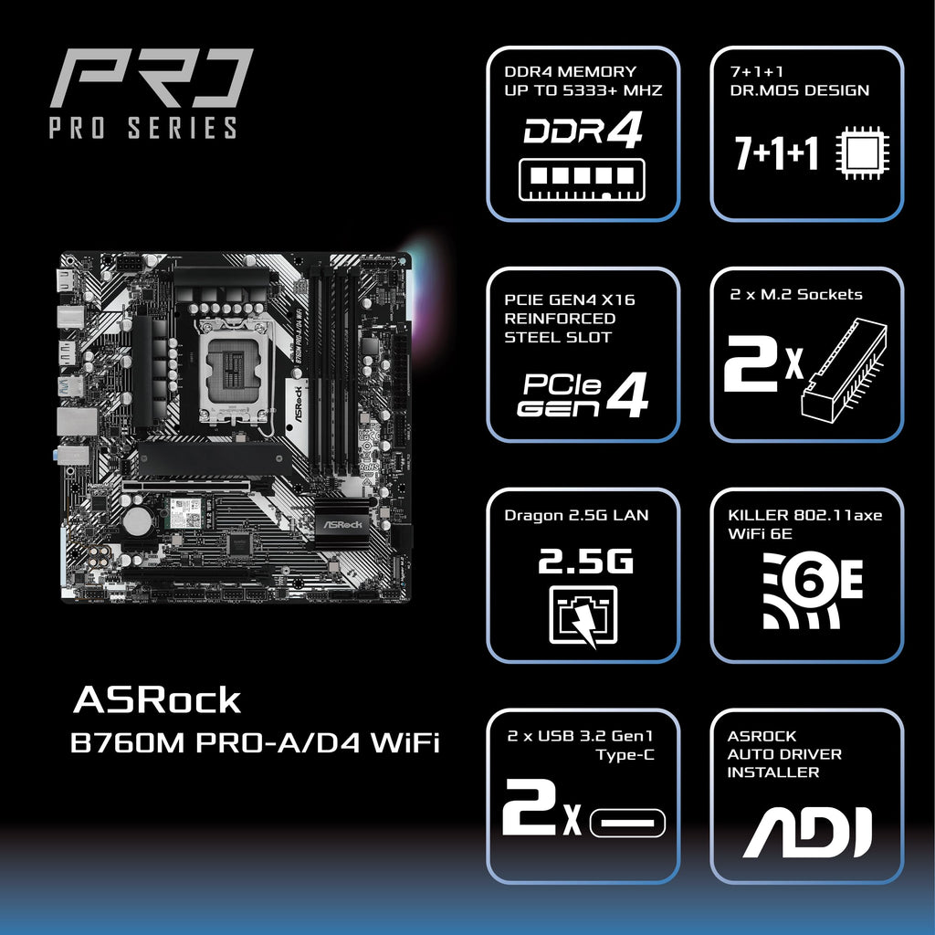ASRock B760M Pro-A/D4 WiFi Micro ATX Motherboard, Intel LGA1700, DDR4 5333+ (OC), PCIe 4.0, 2.5G LAN, Wi-Fi 6E, 7+1+1 Dr.MOS