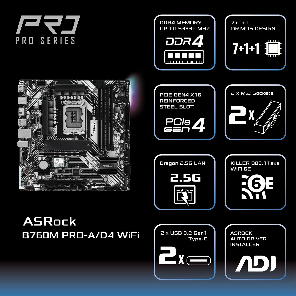 ASRock B760M Pro-A/D4 WiFi Micro ATX Motherboard, Intel LGA1700, DDR4 5333+ (OC), PCIe 4.0, 2.5G LAN, Wi-Fi 6E, 7+1+1 Dr.MOS