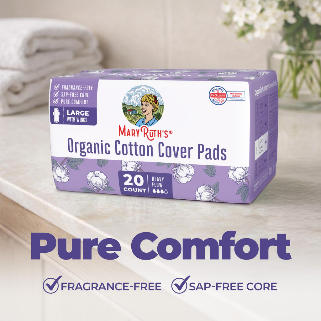 MaryRuth's Organic Cotton Cover Pads with Wings, Large, Unscented, Elemental Chlorine Free, OCS Certified Cotton, SAP-Free Core, 20 Count
