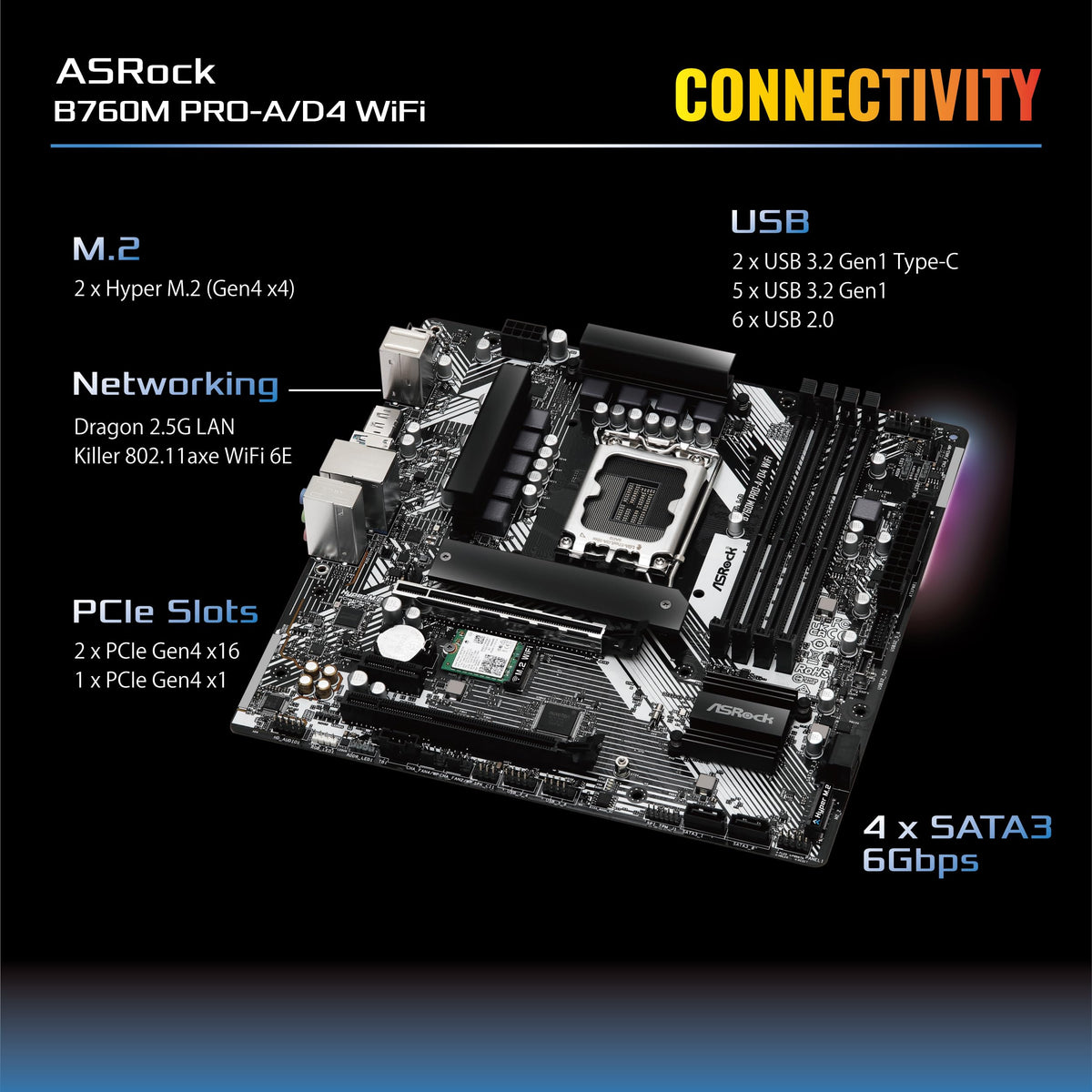 ASRock B760M Pro-A/D4 WiFi Micro ATX Motherboard, Intel LGA1700, DDR4 5333+ (OC), PCIe 4.0, 2.5G LAN, Wi-Fi 6E, 7+1+1 Dr.MOS