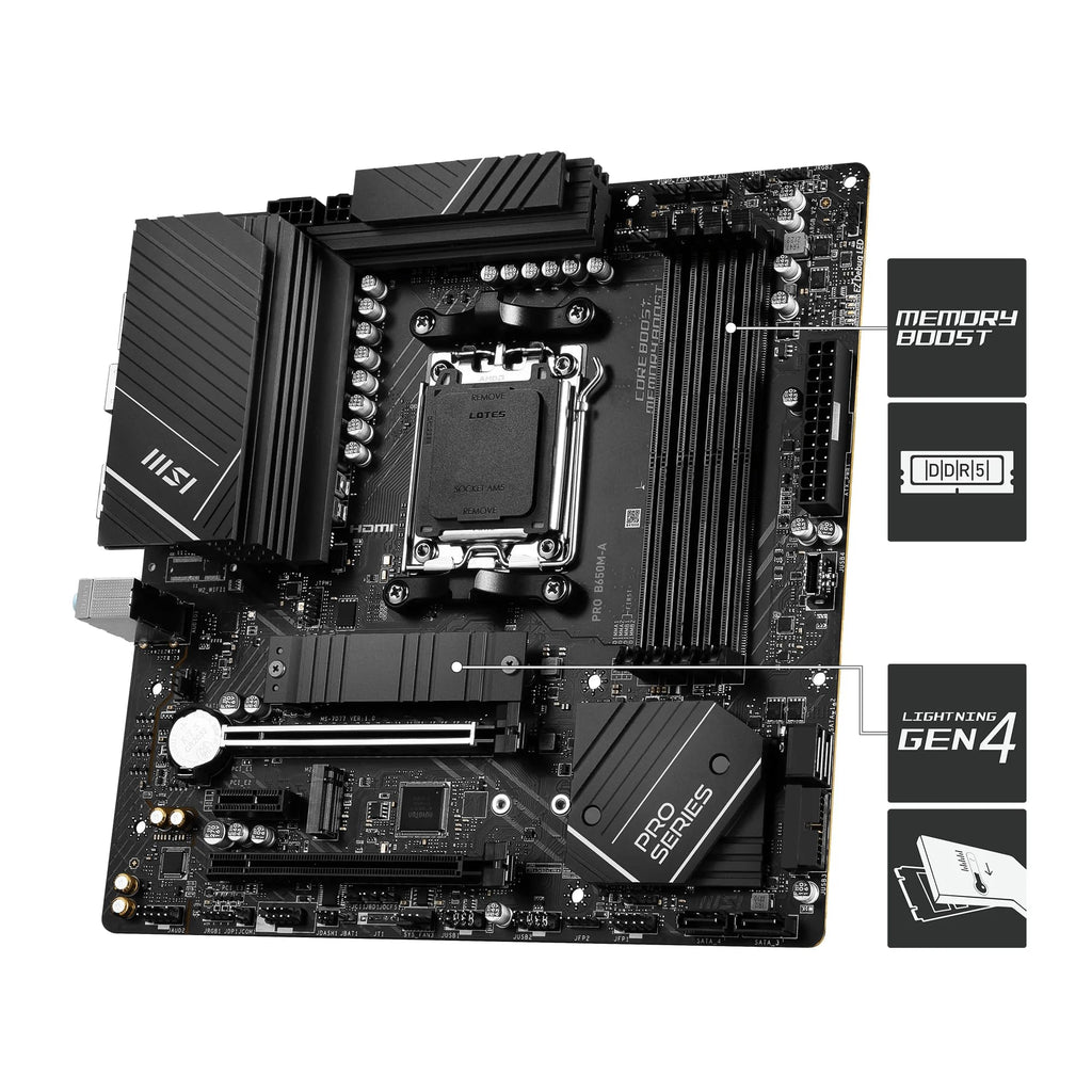 MSI PRO B650M-A WiFi V1 Motherboard, Micro-ATX - Supports AMD Ryzen 9000/8000 / 7000 Series Processors, AM5 - DDR5 Memory Boost 6000+MHz/OC, 2 x PCIe 4.0 x16, 2 x M.2 Gen4, 2.5G LAN