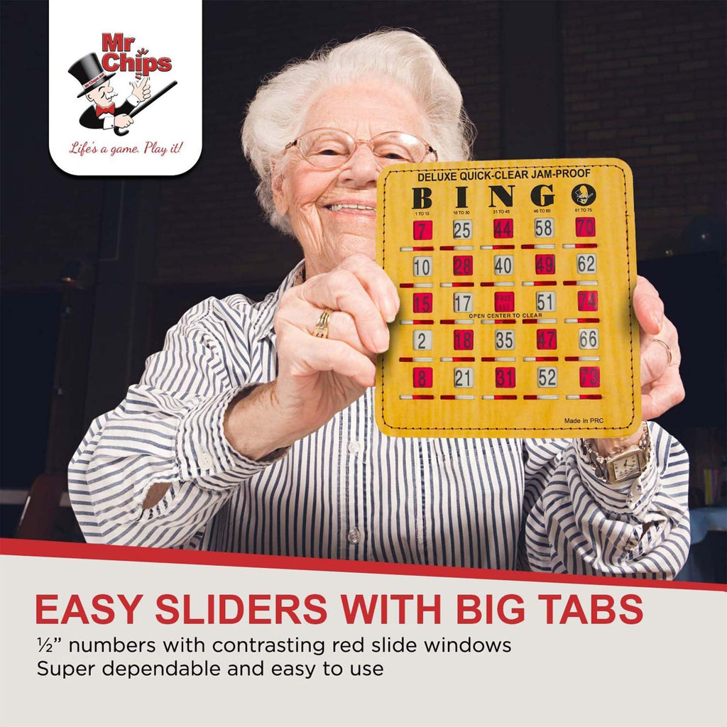 MR CHIPS Jam-Proof Quick-Clear Deluxe Fingertip Slide Bingo Cards with Sliding Windows 25 Pack in Woodgrain Style