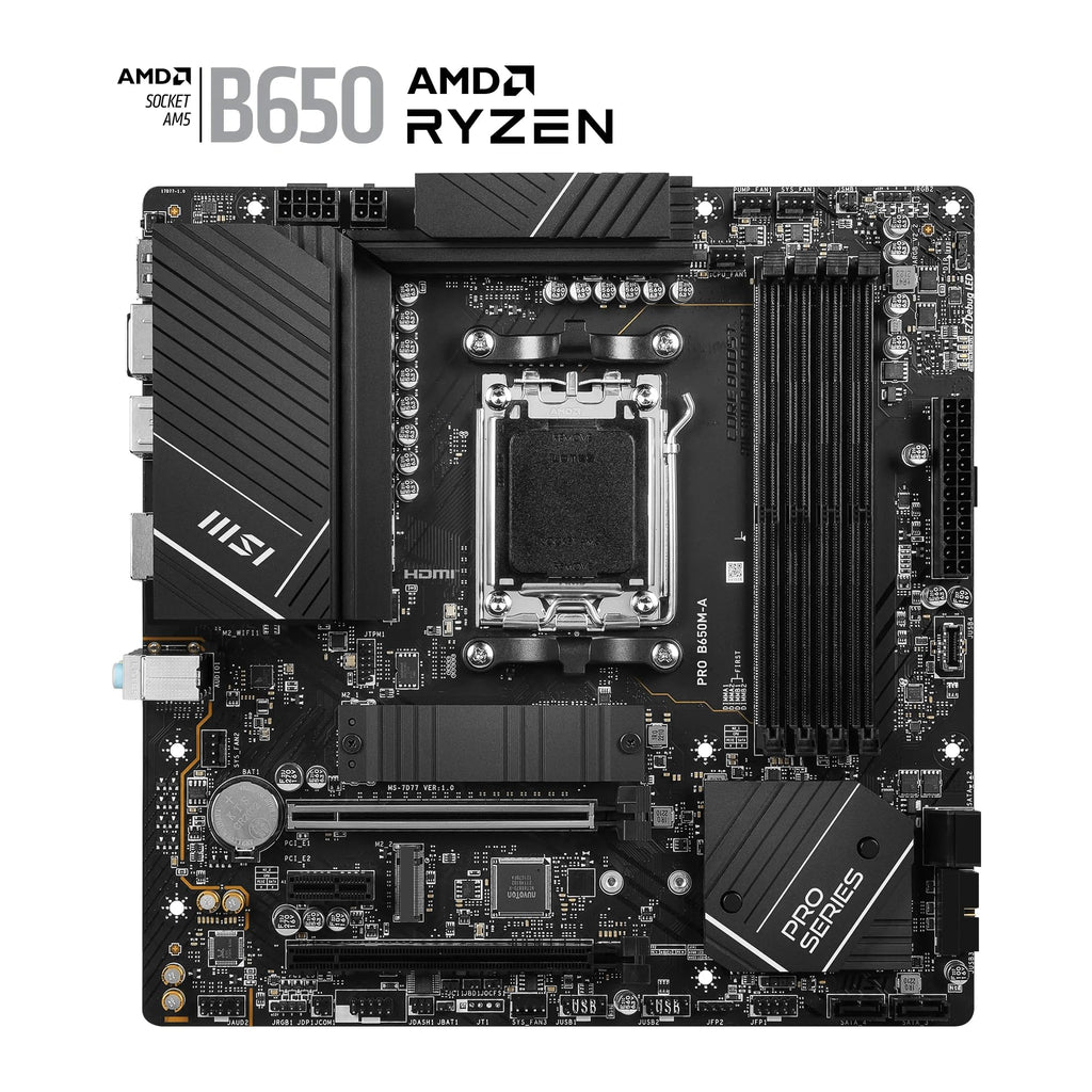 MSI PRO B650M-A WiFi V1 Motherboard, Micro-ATX - Supports AMD Ryzen 9000/8000 / 7000 Series Processors, AM5 - DDR5 Memory Boost 6000+MHz/OC, 2 x PCIe 4.0 x16, 2 x M.2 Gen4, 2.5G LAN