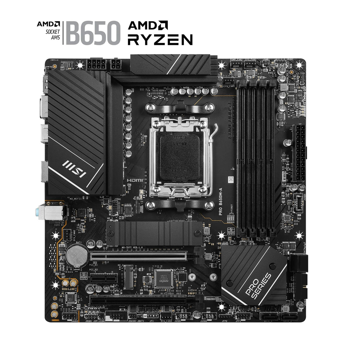 MSI PRO B650M-A WiFi V1 Motherboard, Micro-ATX - Supports AMD Ryzen 9000/8000 / 7000 Series Processors, AM5 - DDR5 Memory Boost 6000+MHz/OC, 2 x PCIe 4.0 x16, 2 x M.2 Gen4, 2.5G LAN