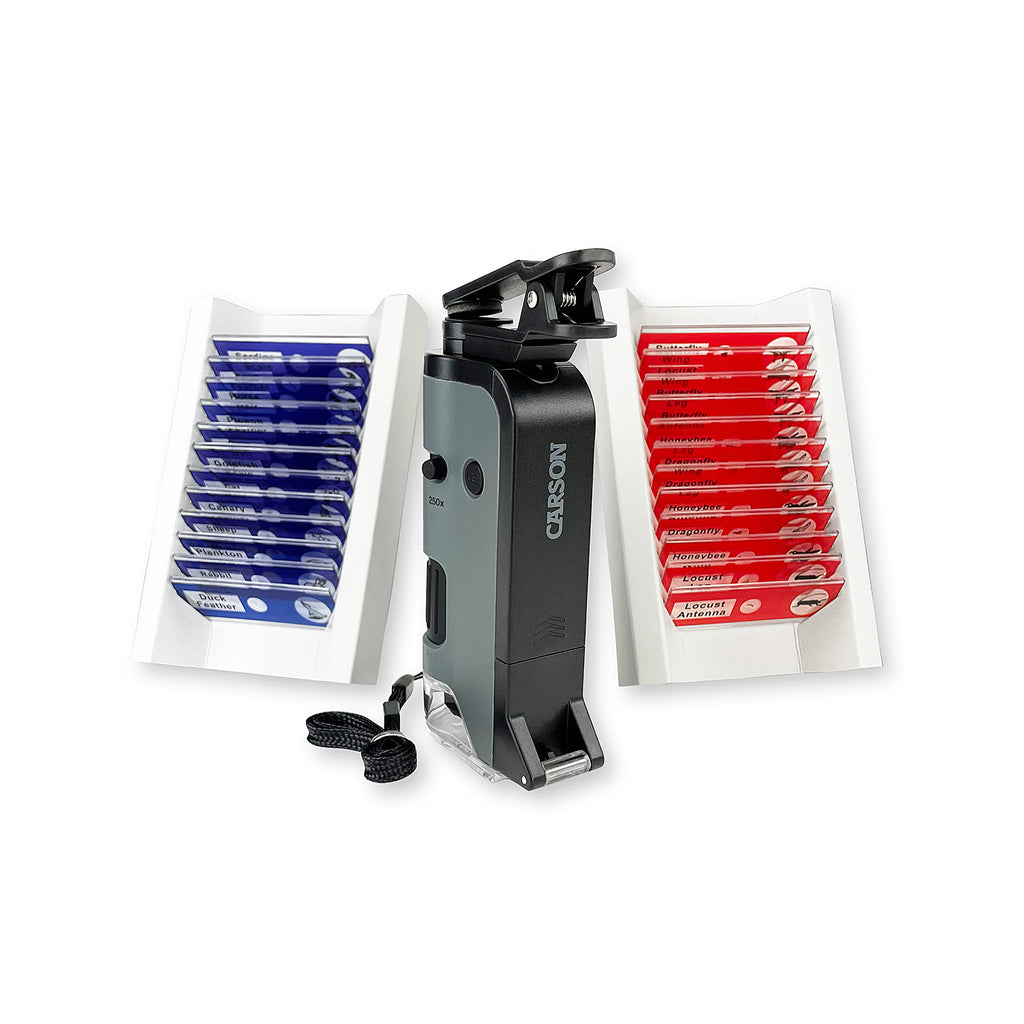 Carson MicroFlip 100x-250x LED and UV Lighted Pocket Microscope with Flip Down Slide Base and Adapter with CarsonCam Phone App - Bundle Included with 24 Prepared Insect and Animal Slides (MP-250BUN)