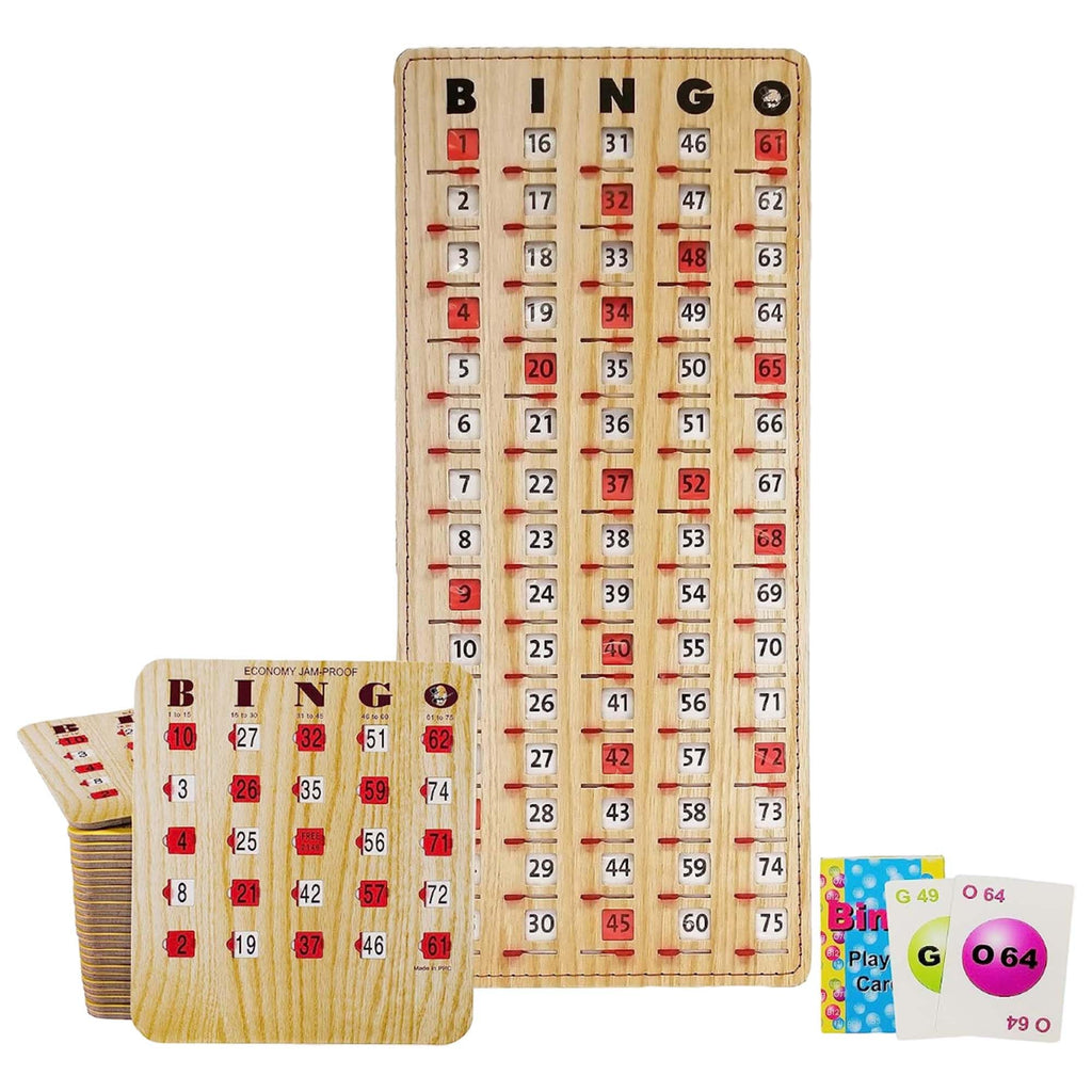 MR CHIPS Jam-Proof Bingo Cards with Sliding Windows, 25 Reusable Shutter Cards, 75 Calling Cards 1 Master Board in Tan Woodgrain Style