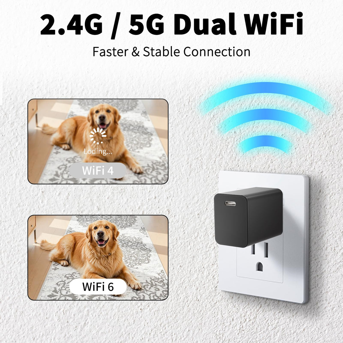 HIGSEEU 4K Smart Camera Charger with 2.4G/5Ghz Dual WiFi, 160° Wide Angle, Motion Detection, Type-C Plug Indoor Security Mini Camera for Home Pets, iOS & Android App