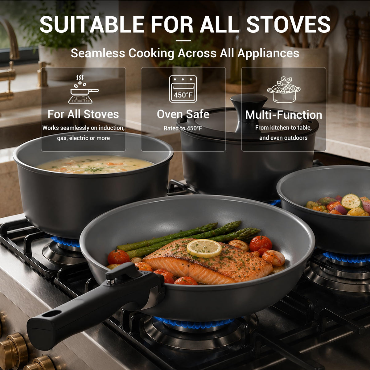 Ammeloo 18-Piece Ceramic Pots and Pans Set Non Stick, Non Toxic Cookware Set with Removable Handles, Pot Sets for Cooking, Induction Ready, Dishwasher & Oven Safe, PFAS PFOA & PTFE Free (Black)